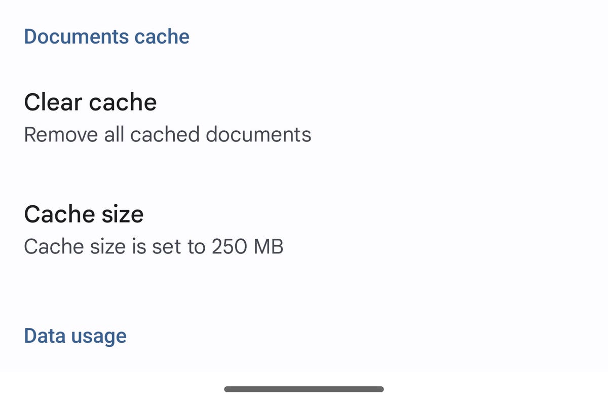 The Google Drive Settings Cache Size entry.