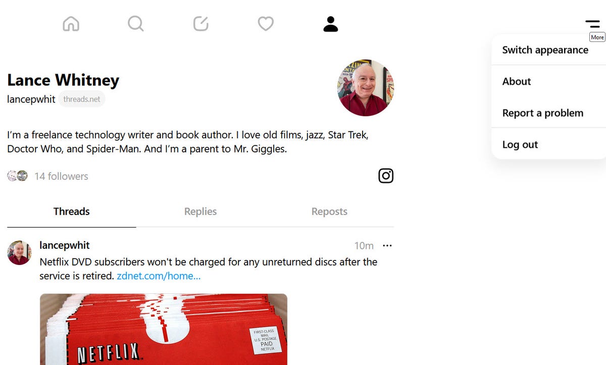 Your profile page and account menu on the Threads website