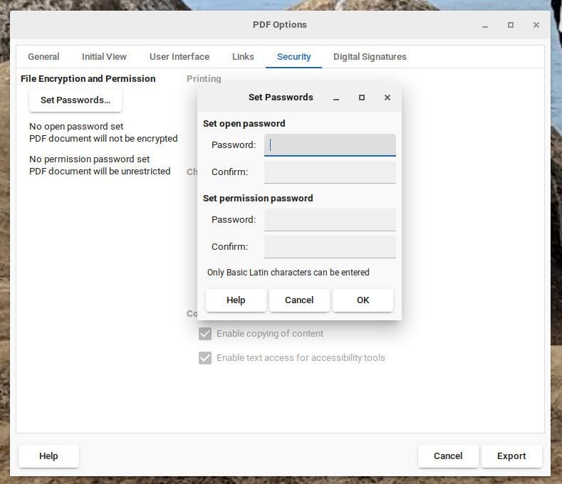The LibreOffice Set Password pop-up.