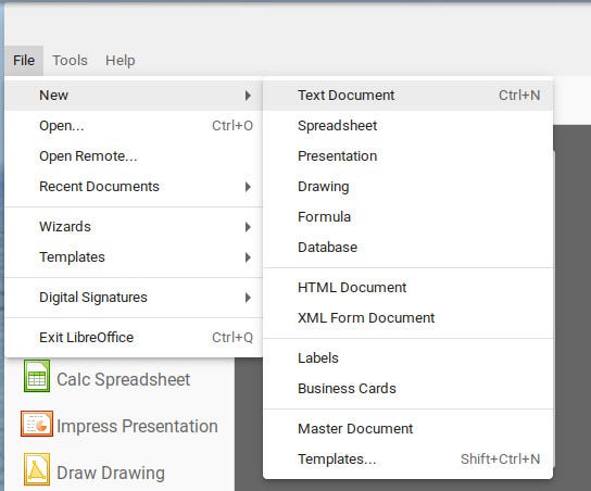 The LibreOffice File menu.