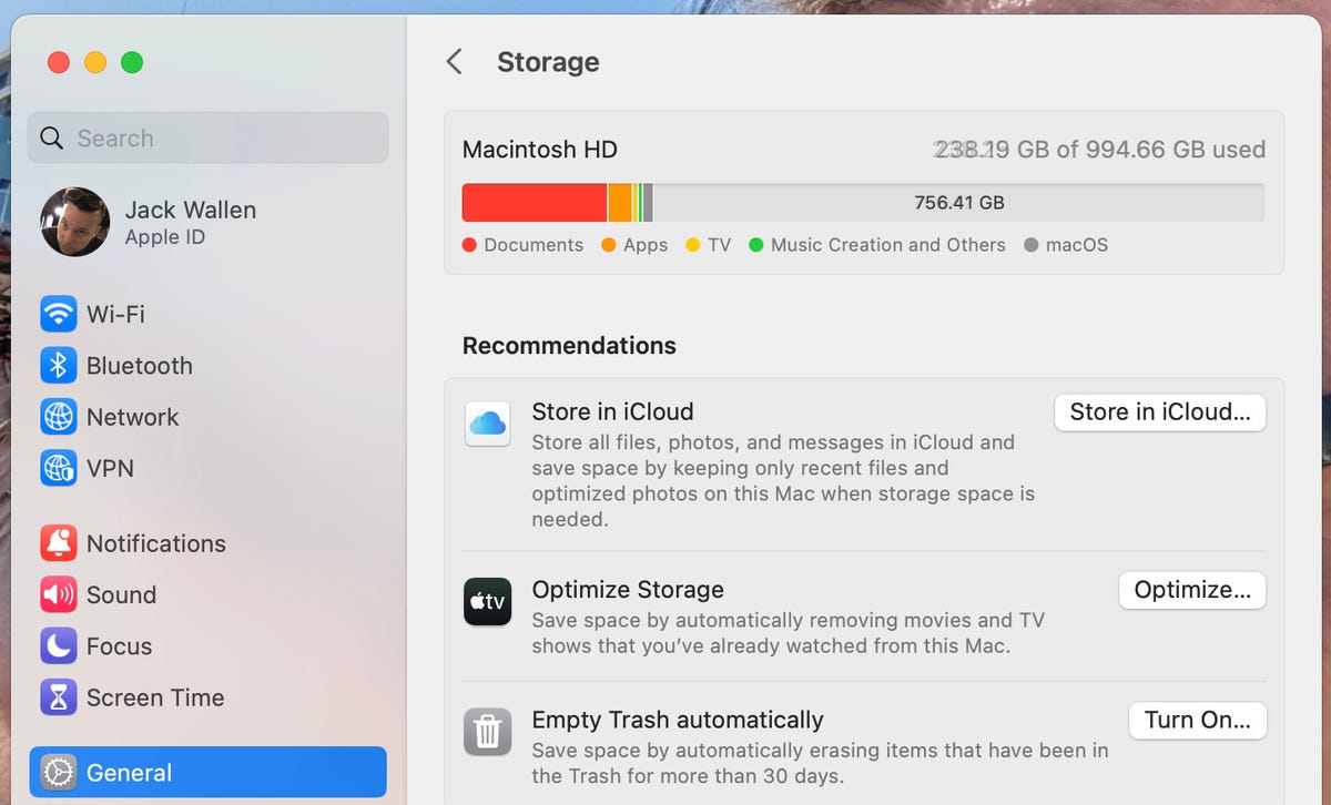The macOS storage options.