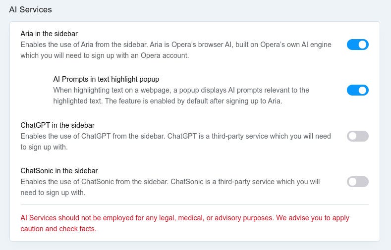 The AI Services section in Opera Settings.