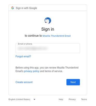 The Thunderbird Google sign-in window.