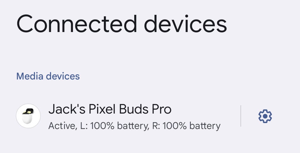 The list of connected devices for a pair of Google Pixel Buds Pro.